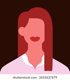 Abstract portrait, business woman. Faceless character with lips, modern style interior poster. Female head avatar, young person face, user profile. Unknown personality. Flat vector illustration