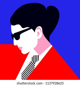 Abstract portrait of business woman. Female character wearing red suit, striped tie and sunglasses. Vector illustration