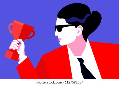 Abstract portrait of business woman holding trophy cup. Business woman as winner. Vector illustration