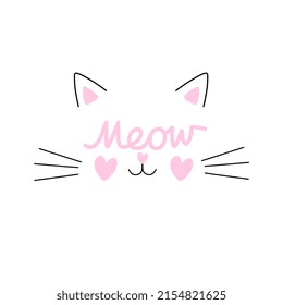 Abstract portrait of a cat in vector with the inscription Meow, ears, cheeks and a nose in the form of hearts and a cat's whiskers isolated on a white background in vector.