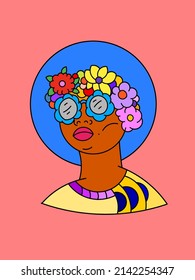 Abstract portrait of chubby brown woman wearing sunglasses, hat, and flowers head piece. Minimalist style, international women's day.