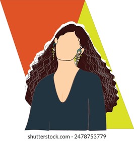 Abstract portrait of dark-haired woman. Brunette girl with bright beautiful with earrings. Flat design, The face of a beautiful bright brunette. Portrait. Vector flat abstract illustration. Minimalism