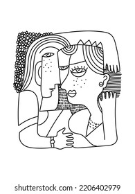 Abstract portrait drawing, lines, black and white vector illustration. Human, man, woman, face cubism art style fashion design.