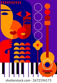 Abstract portrait face geometric, shapes vector illustration wall art. Colorful cubism art style people.