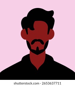 Retrato abstrato, homem negro sem rosto. Cartaz estilo minimalista moderno, personagem masculino, avatar de rosto em branco, cabeça, perfil do usuário Indiano pessoa com barba, bigode. Ilustração de vetor plano