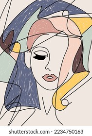 Abstract portrait female face and color graphics for wall decoration  Face line art  Vector illustration for cosmetics  beauty salon  Poster  postcard  tee print  wall art  web 