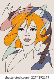 Abstract portrait of a female face with color graphics for wall decoration. Drawing of the face line. Vector illustration for cosmetics, beauty salon. Poster, postcard, T-shirt print, wall art, web.