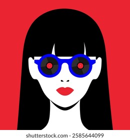 Abstract portrait of a female with red lips in vinyl record sunglasses. Love retro music concept. Vector illustration