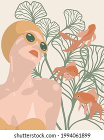 Abstract portrait of a girl in a bathing suit, glasses, seaweed and fish. Modern portrait in a minimalist, bohemian, flat style. For beauty concept, print on clothes, poster, postcard, decor.