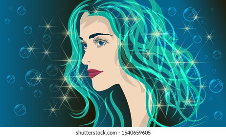 Abstract portrait of a girl with bright red lips and green hair on an azure background with highlights and soap bubbles. art wallpaper. author's drawing. vector image