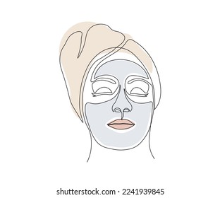 abstract portrait of a girl with a cream mask on her face, hand drawn, mono line, one line art. Logo of SPA salon, massage salon, beauty salon