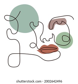 Abstract portrait of a girl drawn in one line with abstract colored spots. An illustration for printing on a T-shirt. Vector illustration.