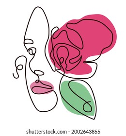 Abstract portrait of a girl drawn in one line with abstract colored spots and a flower. An illustration for printing on a T-shirt, an advertising poster. Vector illustration.