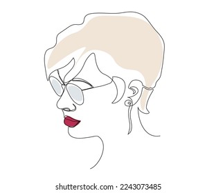 abstract portrait of a girl with glasses with a short haircut looking down, hand drawn, mono line, one line art Logo of a SPA salon, massage salon, beauty salon, hair salon