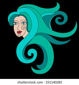 Abstract portrait of a girl with long curly blue hair.