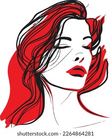 An abstract portrait of a girl with red hair and red lips