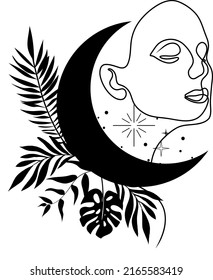 Abstract portrait of a girl, woman. Mystical moon, phases of the moon. Silhouette of a girl. Vector.