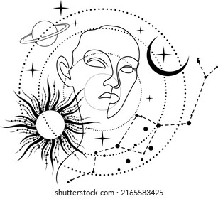 Abstract portrait of a girl, woman. Mystical moon, phases of the moon. Silhouette of a girl. Vector.