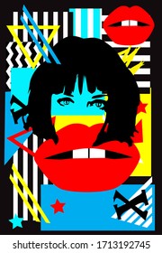 Abstract portrait of a girls silhouette with red lips. Geometric people background.