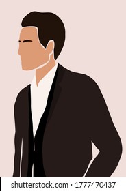 Abstract portrait of groom in wedding suit card isolated on light background. Fashion minimal trendy man in cartoon flat style. Trendy poster wall print decor vector illustration