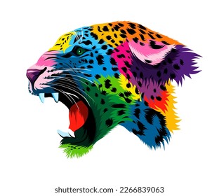 Abstract portrait of the head of a snarling leopard, grin of a leopard from multicolored paints. Colored drawing. Vector illustration of paints