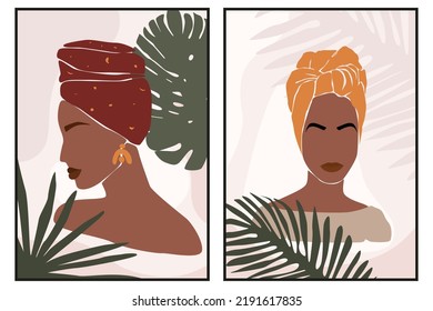  Retrato abstracto ilustrativo de una mujer africana con hojas tropicales. Un juego de afiches de boho. Marco moderno estilo Boho para la impresión de arte, afiche, tarjeta, decoración. Ilustración vectorial de acciones