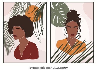 Abstract portrait illustration of african woman with tropic leaves. Set of mid century posters. Modern Boho style background for art print, poster, card, decor. Stock vector illustration