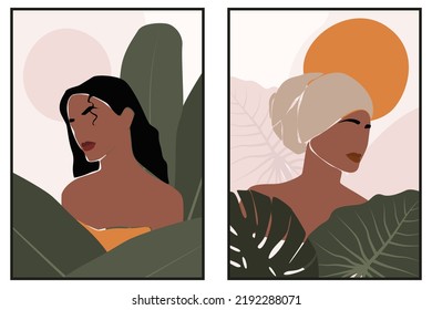 Abstract portrait illustration of african woman with tropic leaves. Set of mid century posters. Modern Boho style background for art print, poster, card, decor. Stock vector illustration