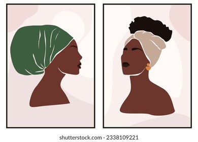 Abstract portrait illustration of african woman with tropic leaves. mid century poster. Modern Boho style background for art print, poster, card, decor. Stock vector illustration
