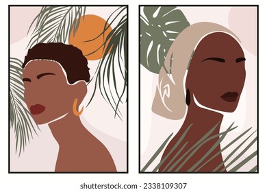 Abstract portrait illustration of african woman with tropic leaves. mid century poster. Modern Boho style background for art print, poster, card, decor. Stock vector illustration