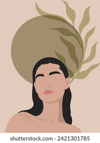 Abstract portrait illustration of woman. Boho Woman feminism art. background for art print, poster, card, decor, tote bag. Vector illustration