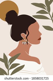 Abstract portrait illustration of woman with botanical elements and shapes. Modern Boho style background for art print, poster, card, decor, tote bag.