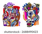 abstract portrait illustrations rendered in a distinct Neo-Expressionist or modern Cubist style. 