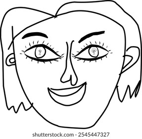 abstract portrait of a line Girl's face with disproportionately large eyes. Unusual eye proportions for a girl, they extend beyond the face. Woman with caret hairstyle, linear portrait, hand drawn.