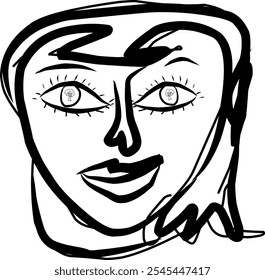 abstract portrait of a line Girl's face with disproportionately large eyes. Unusual eye proportions for a girl, they extend beyond the face. Woman with caret hairstyle, linear portrait, hand drawn.