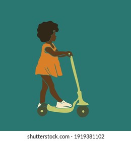 Abstract portrait of little curly afro girl on kick scooter, Vector illustration contemporary art flat design, African black skin child