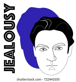 Abstract portrait of a man on a white-blue background. Black and white graphic portrait. Man is jealous. Vector illustration.