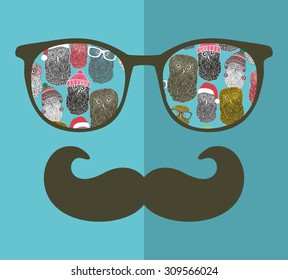 Abstract portrait of man in sunglasses and with moustache. Vintage print in vector.