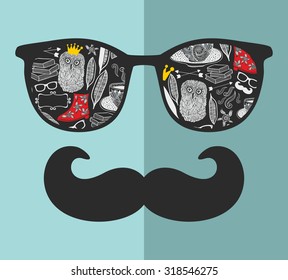 Abstract portrait of man in sunglasses and with moustache. Vintage print in vector.