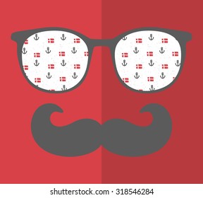 Abstract portrait of man in sunglasses and with moustache. Vintage print in vector.