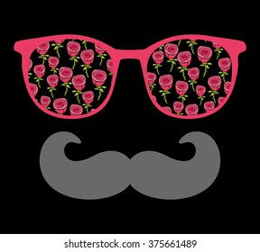 Abstract portrait of man in sunglasses with moustache. Vintage print in vector.