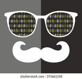 Abstract portrait of man in sunglasses with moustache. Vintage print in vector.