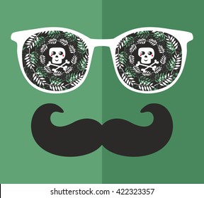 Abstract portrait of man in sunglasses and with moustache. Vintage print in vector.