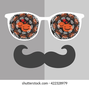 Abstract portrait of man in sunglasses and with moustache. Vintage print in vector.