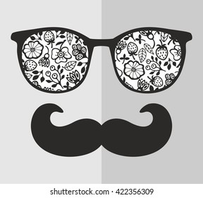 Abstract portrait of man in sunglasses and with moustache. Vintage print in vector. 
