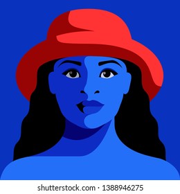 Abstract portrait of modern african girl wearing red hat. Vector illustration