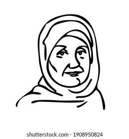 Abstract portrait of a Muslim elderly woman in a minimalist style. Linear isolated illustration, black outline on white background. Arabic muslim woman 