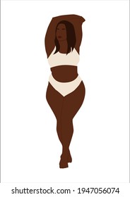 Retrato abstracto de una mujer negra de más tamaño en ropa interior. Mujer curvada sin rostro posando con las manos arriba. Ilustración vectorial minimalista aislada en un fondo blanco. 