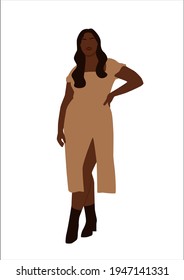 Abstract portrait of plus size black woman with a stylish look. Curvy faceless females standing and posing in a dress. Minimalist vector illustration isolated on a white background.