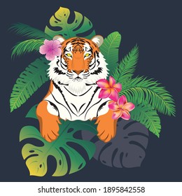 Abstract portrait of red tiger with yellow eyes with tropical leaves and flowers.